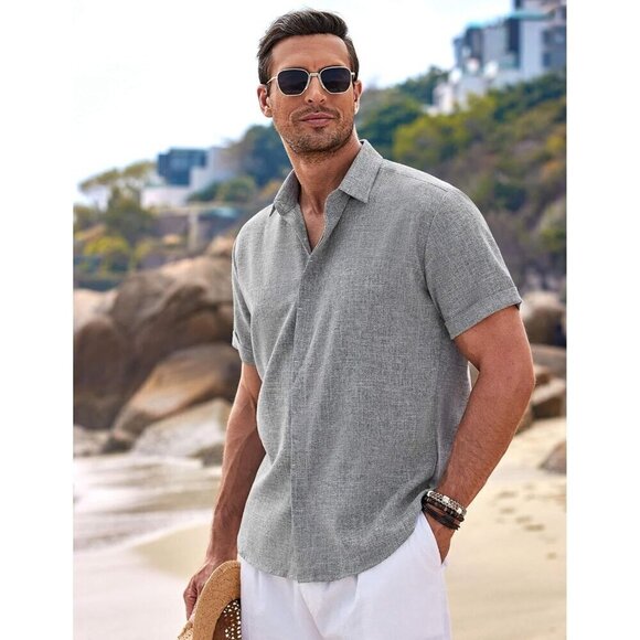 Men Gray Linen Short Sleeve Casual Shirts Button Down Shirt Beach Summer Shirt - Picture 2 of 6